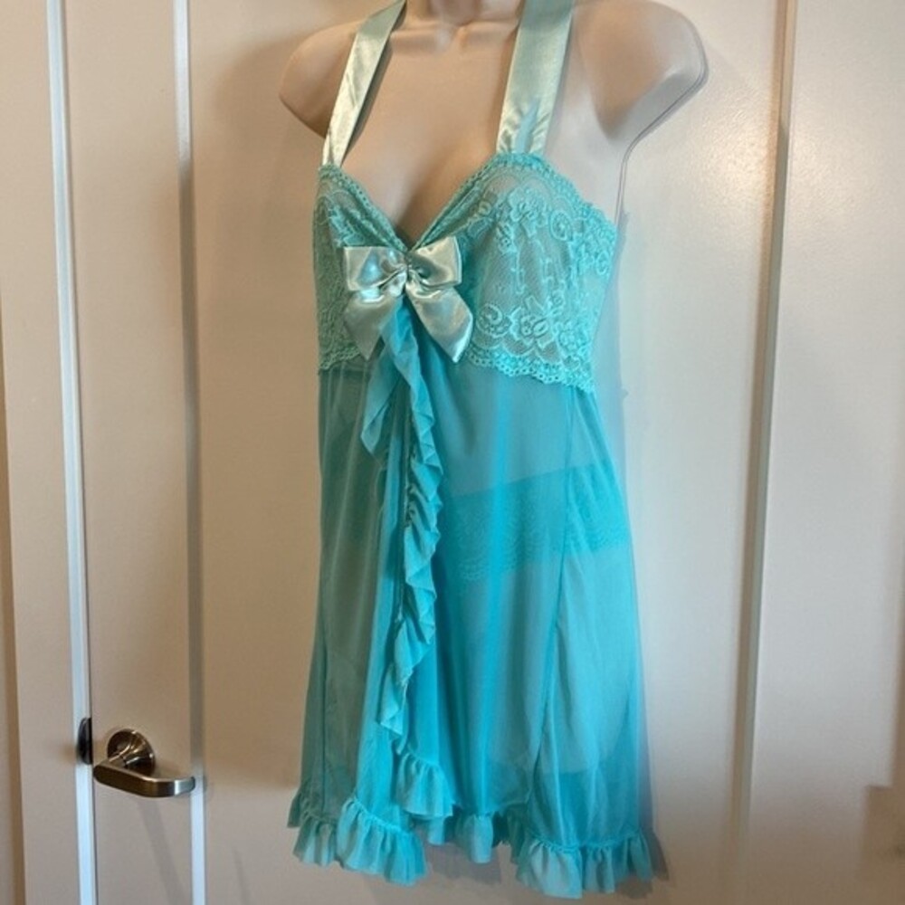 Halter top, 2 piece Teddy In Floral Sea Foam Lace & Mesh with satin bow & tie's